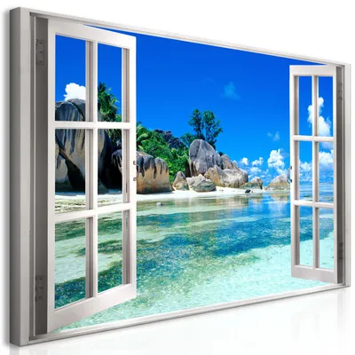 Produktbild von Wandbild Mega XXXL Fensterblick 250x125 cm Einteiliger XXL-Format Kunstdruck zur Selbstmontage Leinwandbilder moderne Bilder DIY Wanddekoration Wohnung Deko Strand Meer c-C-0383-ak-e