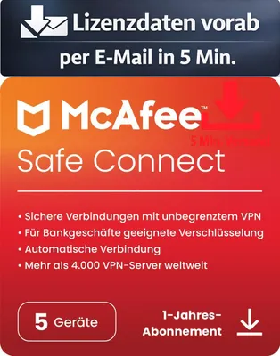 Produktbild von McAfee VPN Safe Connect (5 Device - 1 Jahr) ESD Hilfsprogramme Tools Treiber 5 Min. Versand als Download per Mail