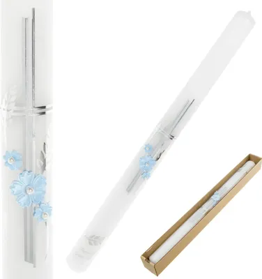 Immagine prodotto di Candela di battesimo per un bambino con fiori blu e una perla in una scatola