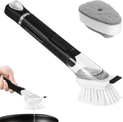 Obrázek produktu pro Kuchyňský kartáč 2 v 1 s dávkovačem mycího prostředku a vyměnitelnými hlavicemi