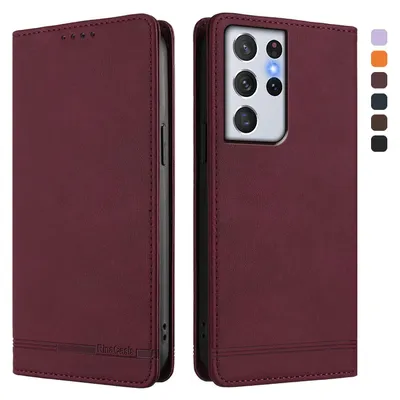 Image de Etui pour Samsung Galaxy S21 Ultra 5G, étui rétro en cuirPolyuréthaneavec support et fentes pour cartes de crédit Rouge
