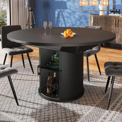 Image de Table à manger extensible pour accueillir jusqu'à 6 personnes, de forme ronde et avec espace de rangement, de couleur noire