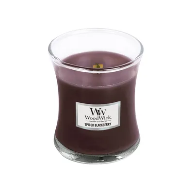Produktbild von Woodwick Duftkerze Spiced Blackberry, 275g, 114x99x99mm, Glas, Violett, Sanduhrform, Indoor/Outdoor, beruhigendes Knistern, 55-65 Stunden Brenndauer