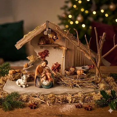 Immagine prodotto di Presepe tradizionale di Treuf con la Sacra Famiglia K098 e una pecora; dimensioni del presepe: circa 30 x 11 x 18 cm