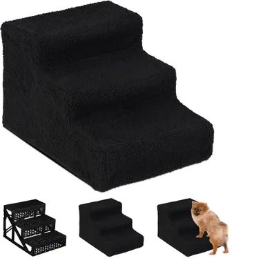 Produktbild von Relaxdays Hundetreppe 3 Stufen, kleine & große Hunde, Bett & Couch, Stoffbezug, Tiertreppe innen, 30x35x45 cm, schwarz