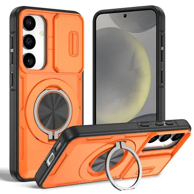 Produktbild von Magnetische Hülle für Samsung Galaxy S24 / S25, Militär Stoßfest Handyhülle mit Kameraschutz und Ringhalter Ständer Orange
