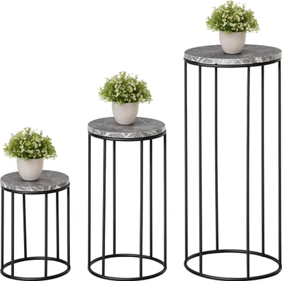 Produktbild von Blumenständer 3er Set aus Metall Pflanzenständer Set in Marmoroptik Blumenhocker Blumentopfhalter Stapelbar Pflanzenhocker für Blumentopf Schwarz+Grau