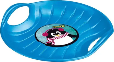 A blue plastic sled with a cartoon penguin graphic.