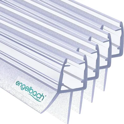 A close-up, angled view of multiple clear plastic shower door seals stacked on a white background.