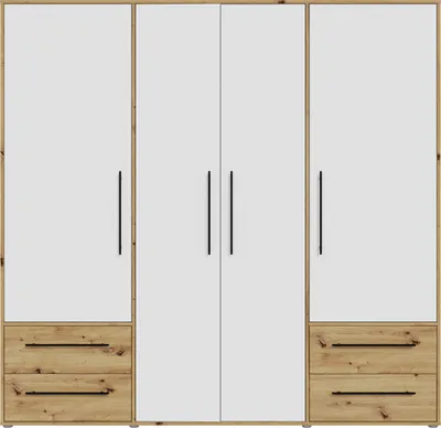 Produktbild von Forte MOKKARIS Kleiderschrank 200 210, moderner Drehtürenschrank, 4-türig, 4 Schubladen, Holzwerkstoff, Weiß mit Artisan Eiche Holzdekor, 205,9 cm breit x 200,1 cm hoch x 58,8 cm tief