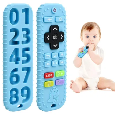 Image de Anneau de dentition pour bébés de 3 à 12 mois, jouet de dentition en forme de télécommande, jouet de bain en silicone, bleu, dinosaure