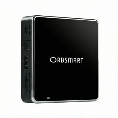 A black Orbsmart media player with silver trim is shown against a white background.