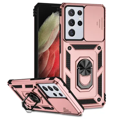 Immagine prodotto di Custodia per Samsung Galaxy S21 Ultra 5G a doppio strato con copertura scorrevole della fotocamera e supporto ad anello Rosa