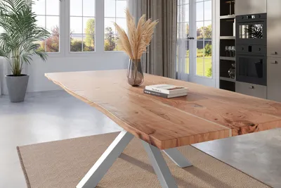 Produktbild von Esstisch Baumkante 300 x 100 cm Akazie natur massiv Spider-Gestell silber KALEA