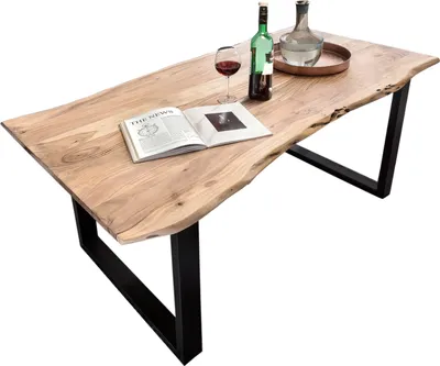 Produktbild von TPFLiving Tisch 180x90 cm, Akazie natur, 36 mm Platte Akazie, Gestell Stahl Platte natur, Gestell schwarz