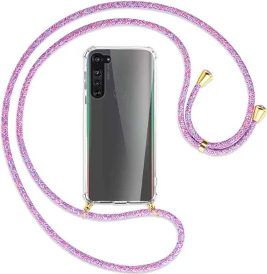 Produktbild von Handykette Backcover-Schutzhülle mit Band (Metall goldfarben) für Motorola Edge - lila/rosa/blau