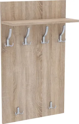 A wooden coat rack with a shelf and several silver hooks against a white background.