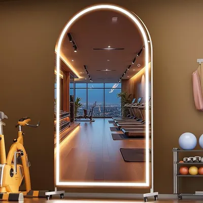 Imagen del producto de Espejo de cuerpo completo Silecomplaza de 200 x 100 cm con iluminación, giratorio 360°. Espejo de pie grande con ruedas, vidrio templado, diseño curvo. Ideal para gimnasio en casa, baile, dormitorio, yoga