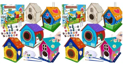 Produktbild von Vogelhaus Bausatz für Kinder 5 Stück Bastelset zum Bauen und Malen mit Farben und Pinseln