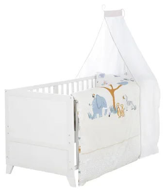 Produktbild von roba Komplettbettset Savanna Friends - Babybett 70 x 140 cm aus Holz inkl. Matratze, Bettwäsche, Himmel & Himmelstange - Mitwachsend ab 6 Monate
