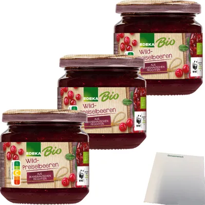 Produktbild von Edeka  Wild-Preiselbeeren 40 % Fruchtanteil 3er Pack (3x220g Glas) + usy Block