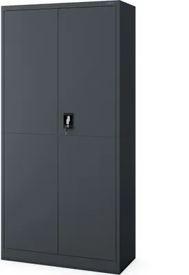 A dark gray metal cabinet with two doors and a lock.