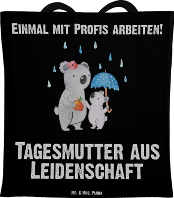 Produktbild von Mr. & Mrs. Panda Jutebeutel Tagesmutter Leidenschaft - Schwarz - Geschenk, Tote Bag, studententasche, Tragetasche, Shopping Tasche, Schultasche