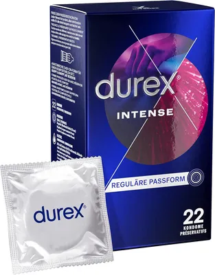 A box of Durex Intense condoms and one individually wrapped condom.