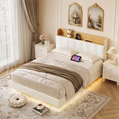 Obrázek produktu pro INONEFT, závěsné lůžko, 160 × 200 cm, postel pro dospělé, čalouněná postel s LED osvětlením a USB porty, dvoulůžko s roštovou základnou, čelo postele se dvěma látkovými kapsami, materiál: PU, barva: bílá, Obrázek vytvořený pomocí AI