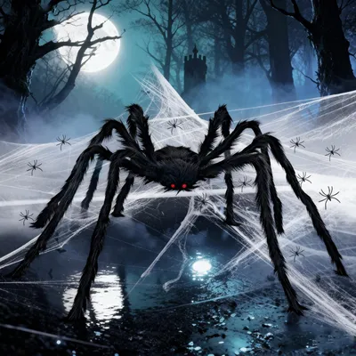 Immagine prodotto di Ragno decorativo di peluche - 150 cm - Con ragnatela - Per interni ed esterni - Decorazione Halloween