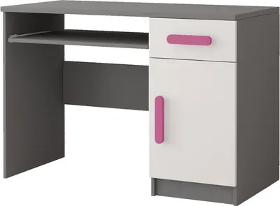 Produktbild von Kinderzimmer-Set Bett Schrank Wandregal Kommode Schreibtisch Nachttisch Grau/Weiß mit rosa Griffe ohne Matratze Jonas IV 02