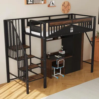 Obrázek produktu pro Kovová postel s horní palandou, rozměry 90x200 cm, černá barva, s bezpečnostní zábranou, design s okny, bezpečnostní žebřík a úložný prostor ve schůdcích