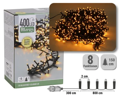 Produktbild von HAGO24 Cluster Lichterkette 8m 400 LEDs warmweiß IP44 spritzwassergeschützt 3m Kabel 8 Programme Weihnachtsbaum Deko Innen Außen flexibel stromsparend gemütlich