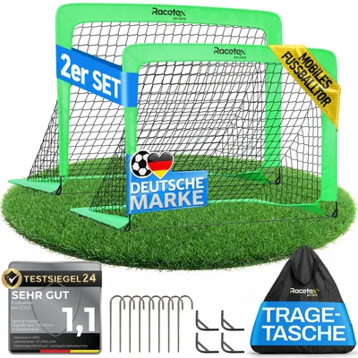 Produktbild von Racetex 2er Fußballtor Kinder Set - Fußball Tore inkl. nützlicher Tasche zum Transportieren - Version mit verstärkten Glasfaserstangen - Neongrün