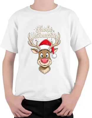 Produktbild von Frohe Weihnachten Rentier Niedlich Cartoon Weihnachtsmütze Lustig Uni Kinder T-Shirt, Weiß, 152