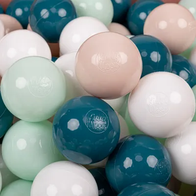 Obrázek produktu pro KiddyMoon 200 míčků/7cm-2,75in Měkké plastové míčky na hraní pro děti Barevné Certifikováno Vyrobeno v EU, tmavě tyrkysová/pastelově béžová/bílá/mintová