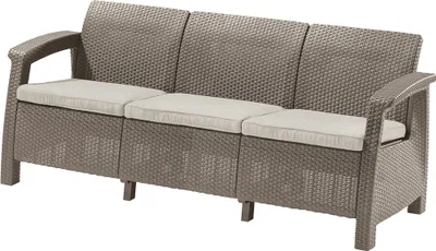 A studio shot of a three-seater outdoor sofa.