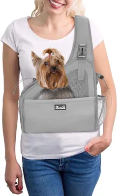 Image de Petite sacoche de voyage mains libres pour chiens de moins de 3 kg, gris, avec sangle de sécurité