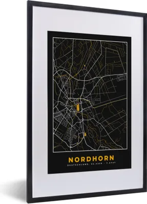 Produktbild von MuchoWow® Gerahmtes Poster Nordhorn - Stadtplan - Gold - Karte - Deutschland 40x60 cm - Poster mit Schwarzem Bilderrahmen Wandposter Rahmen Foto Bilder - Poster in Rahmen