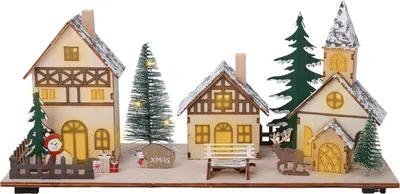 Obrázek produktu pro 1.05 Dřevěná vánoční scéna osvětlená vesnice - cca 34 x 13 x 16 cm - vánoční vesnice / město