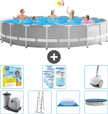 Produktbild von Intex Round Prism Frame Swimming Pool – 610 x 132 cm – Grau – inklusive Pumpe – Leiter – Bodenplane – Abdeckung Wartungspaket - Filter - Staubsauger