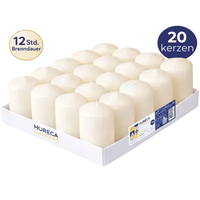 Produktbild von HORECA CANDLES Stumpenkerzen 20 Stück – 12 h, Elfenbein, Ø 4 × 7 cm, ohne Duft Blockkerzen