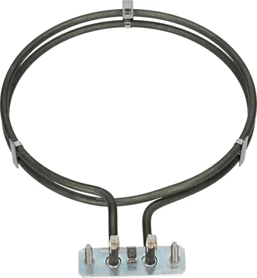 A circular heating element with two coils and electrical connectors.