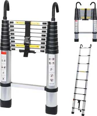 Produktbild von Fiqops Teleskopický rebrík s hákmi Výsuvný rebrík do 150 kg Stabilný hliníkový rebrík Strieborný strieborný 2,6 m