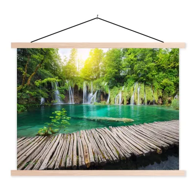 Produktbild von MuchoWow® Textilposter Brücke - Wasserfall - Natur 120x90 cm mit holzfarbenen Rahmen - Magnetisch
