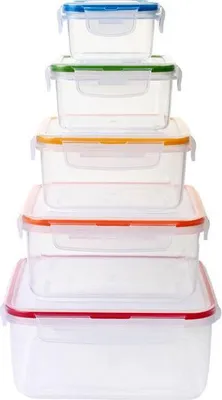 A stack of five clear plastic food storage containers with colored lids.