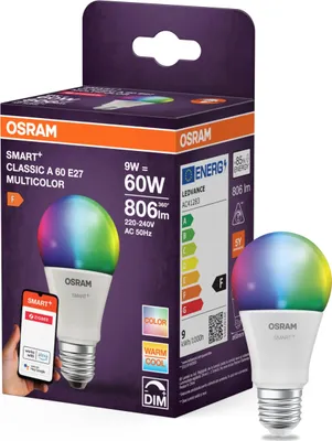 Produktbild von Osram SMART LED Lampe A60 Kolbenform E27, 9W ZigBee 3.0, RGBW 16 Mio. Farben, dimmbar, App Steuerung, Alexa