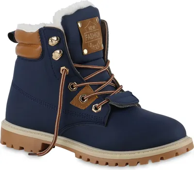 Produktbild von VAN HILL Damen Gefütterte Worker Boots Stiefeletten Bequeme Outdoor Schuhe 839642, Farbe: Dunkelblau Hellbraun, Größe: 37