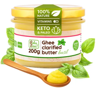 Produktbild von PALCE LIZAĆ Ghee Butter Basilikum 200 g Geklärte | Ayurveda, Laktosefrei, Glutenfrei | Butterreinfett, nur aus der Milch von Weidekühen, Keto