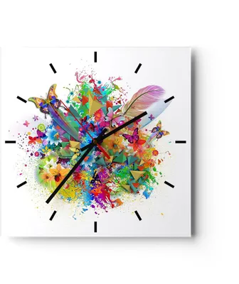 Produktbild von Wanduhr - Quadrat - Glasuhr - Schmetterling Farbe Blume Komposition - 40x40cm - Schleichendes Uhrwerk - Lautlos - zum Aufhängen bereit - Dekoration Modern - Wanddekoration aus Glas - C3AC40x40-2840